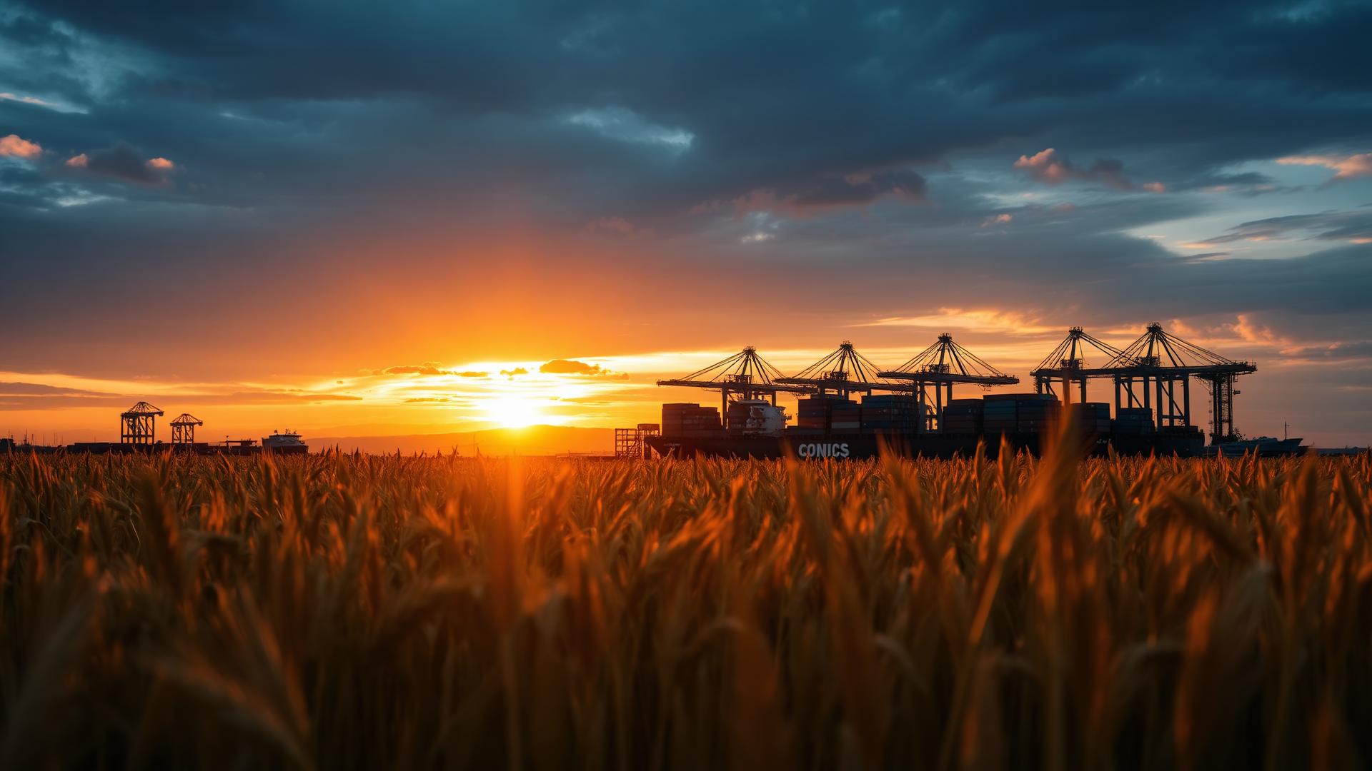 Wheat fields meeting a global cargo port at sunset